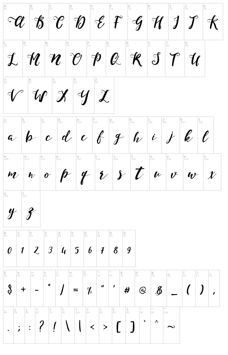 Monica Script font map